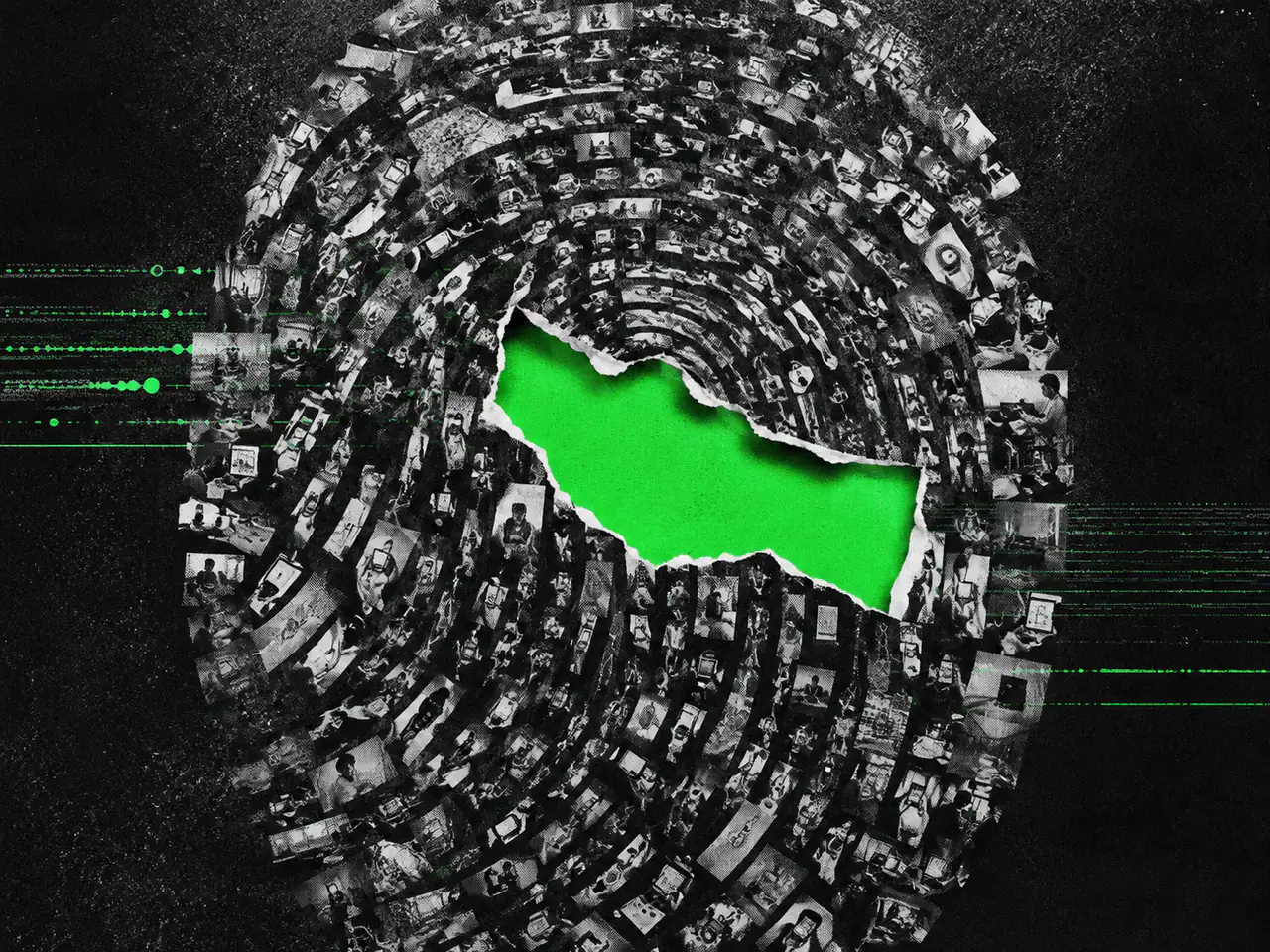 A green paper opening interrupts a fingerprint made of small photographs.
