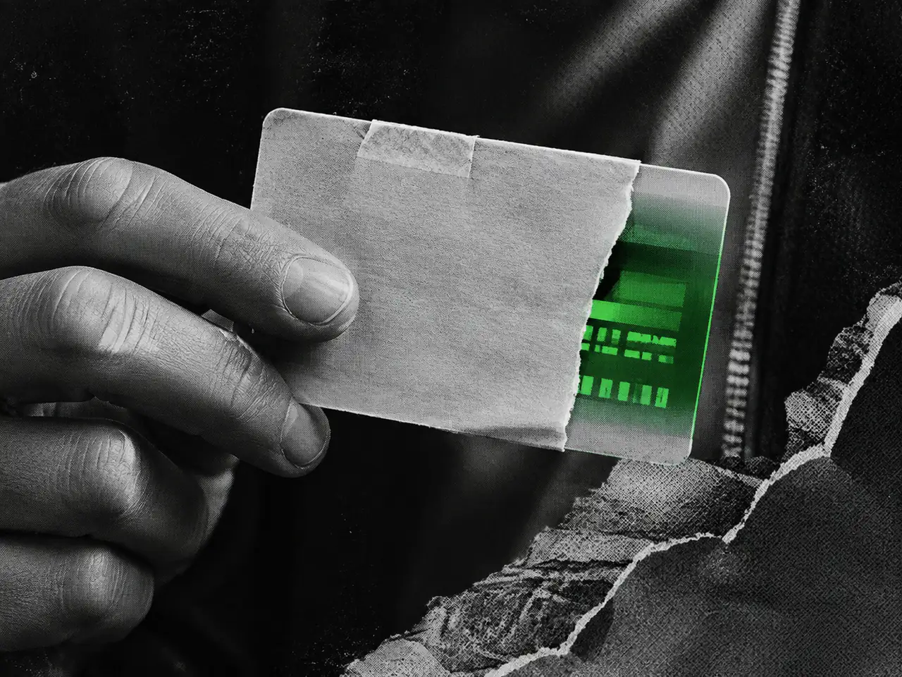 A hand holds a translucent card covered with paper, leaving green geometric fields visible on the right.
