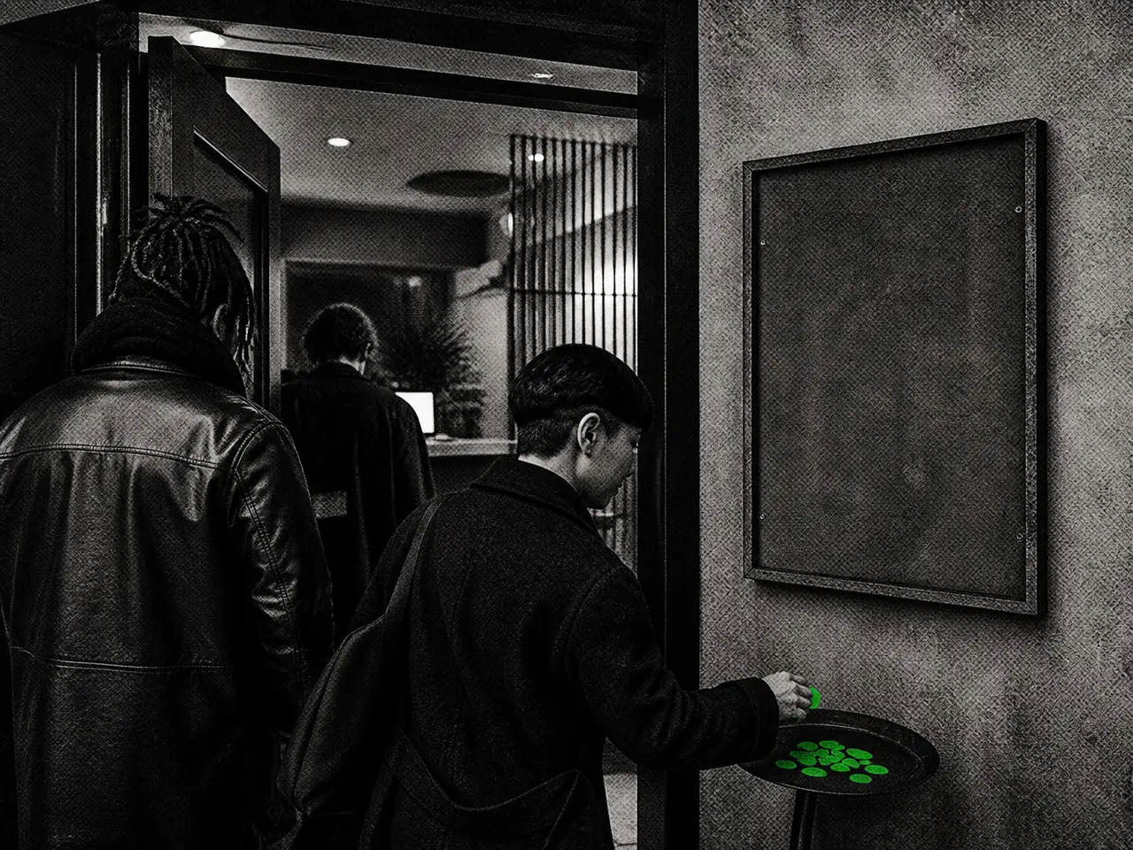 People enter past an empty noticeboard and a tray of green tokens.