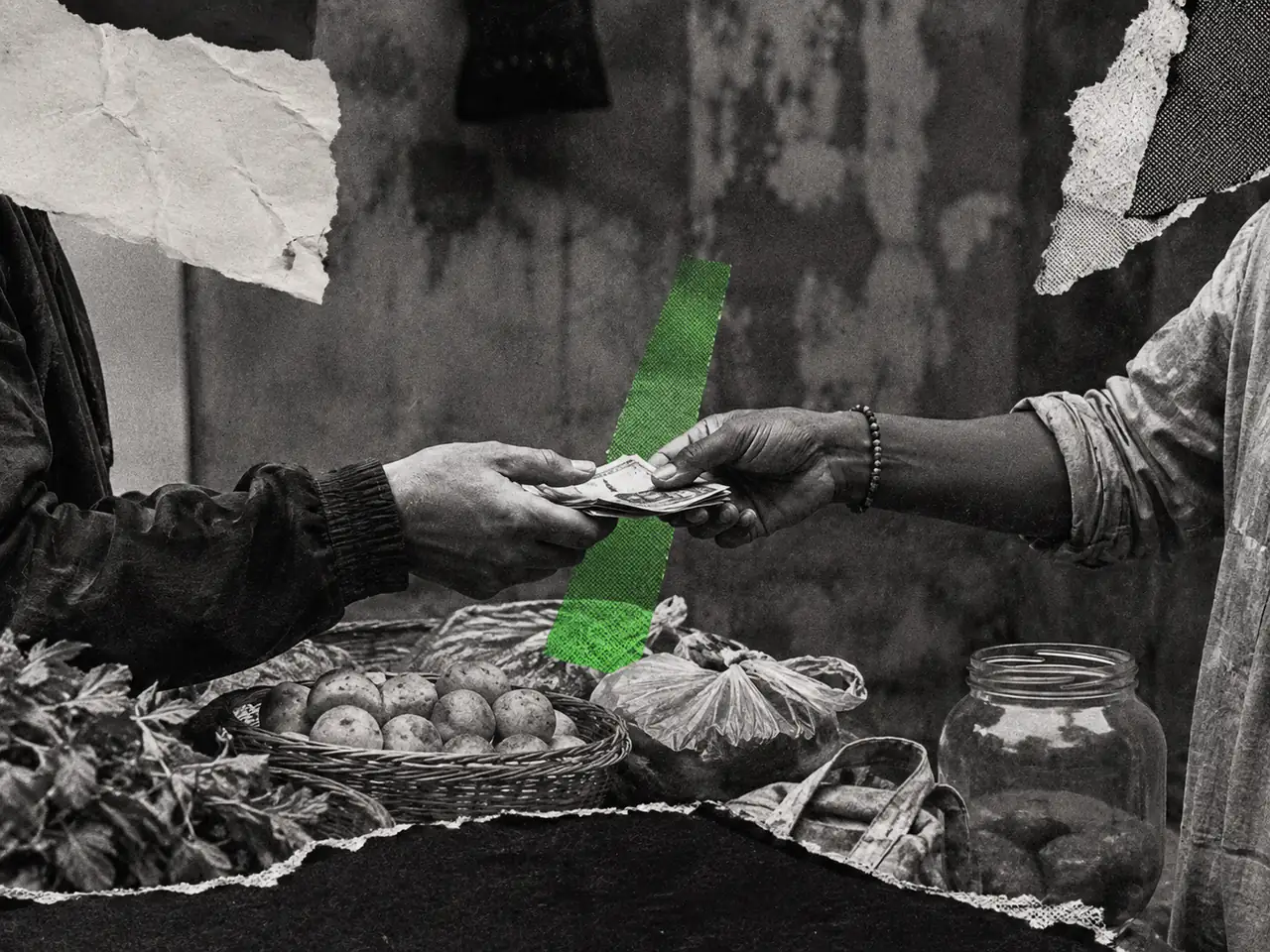 Hands exchange banknotes over a food stall.