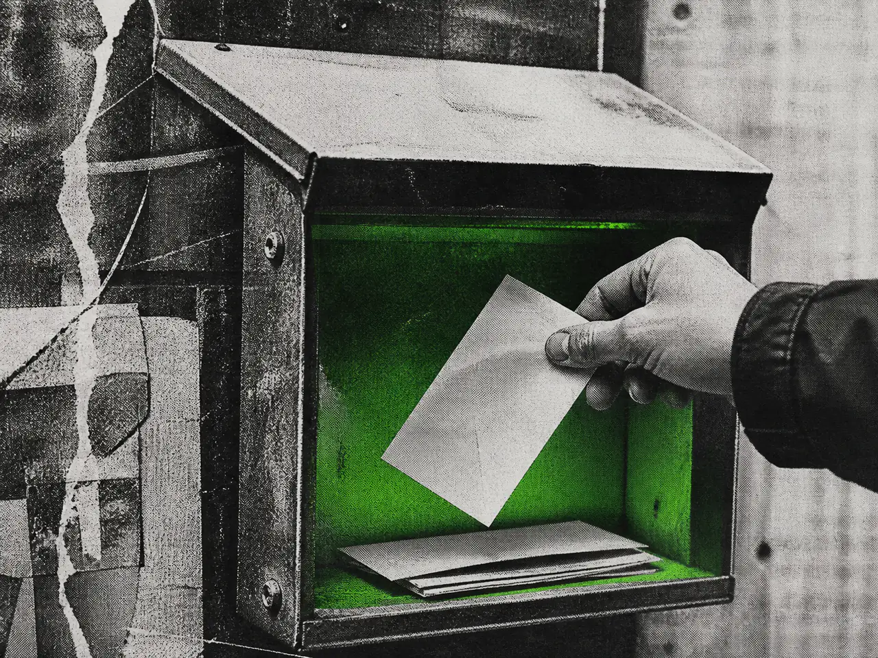 A hand places a white envelope in a green-lined box.