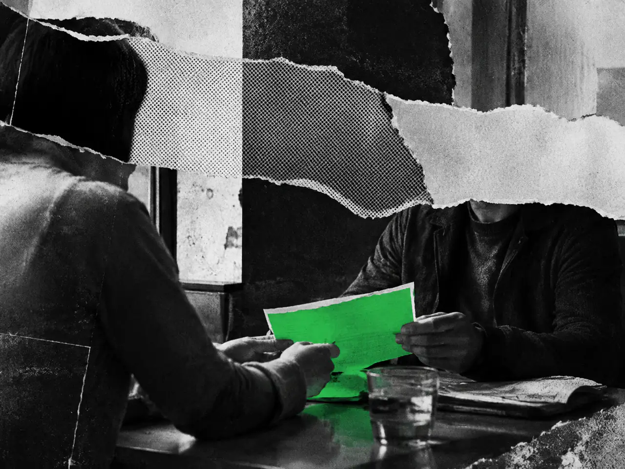 Two people pass a green sheet across a table; torn paper layers cover their faces.