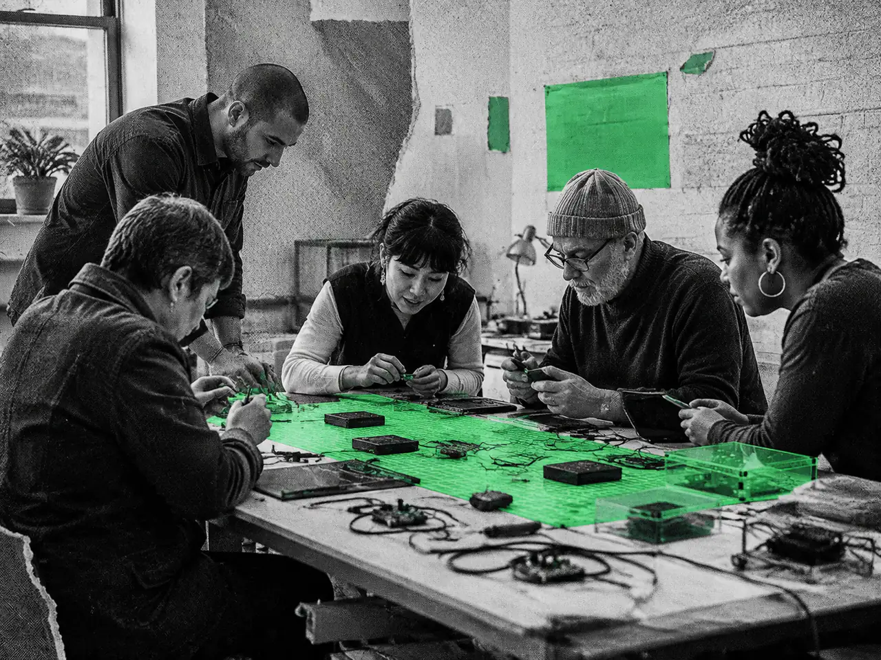 A group of adults from different generations work with electronics on a shared green mat.