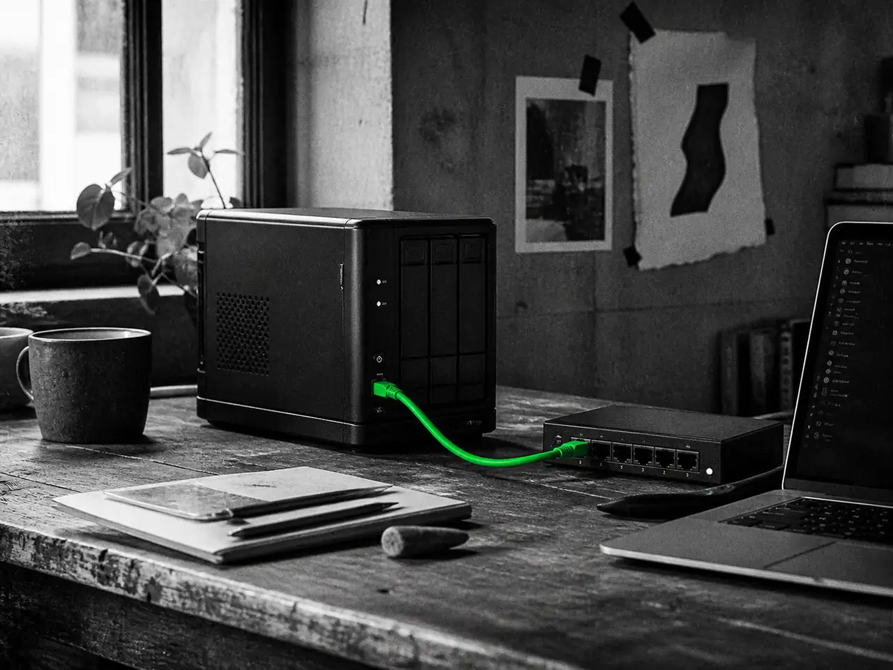 A small server on a wooden desk connects to a network switch by a green cable, with a laptop beside it.